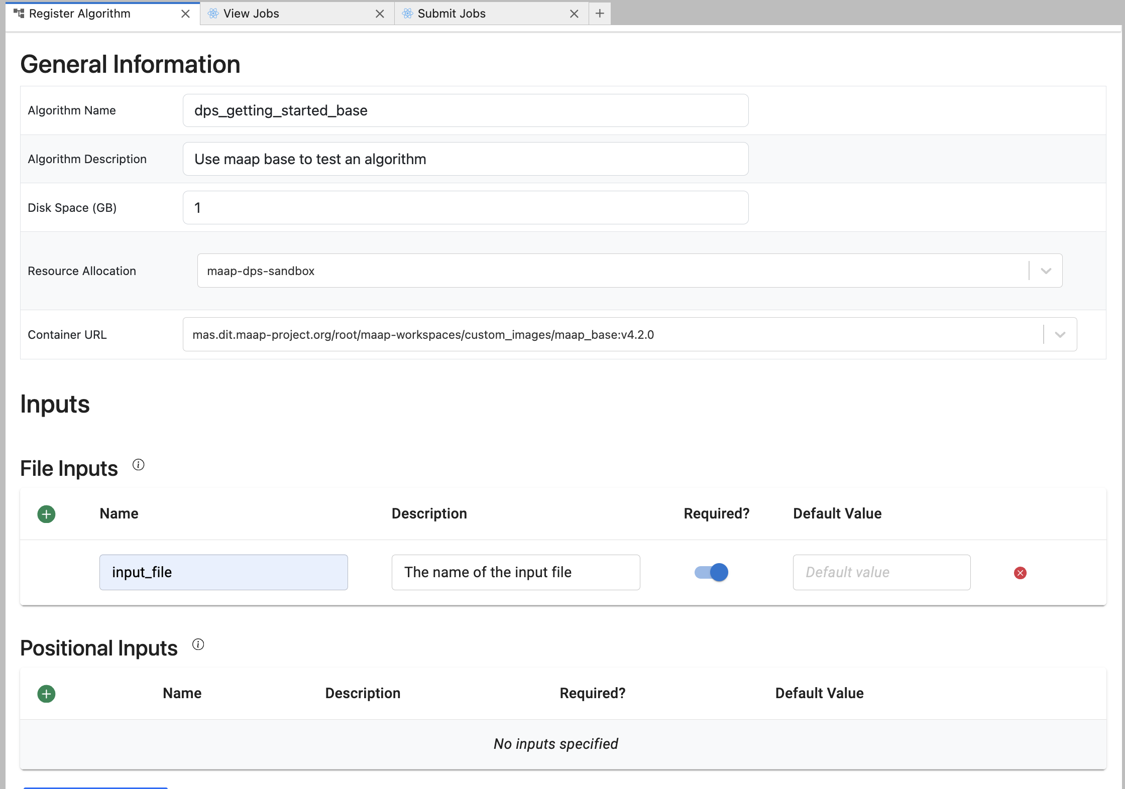 Register Algorithm file inputs