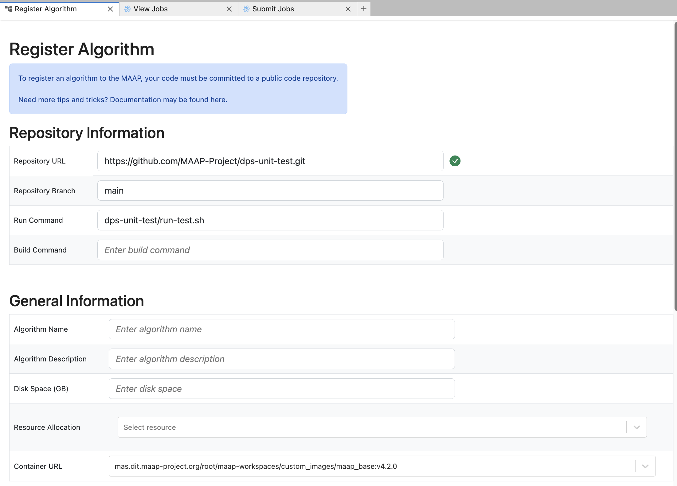 Register Algorithm repository information