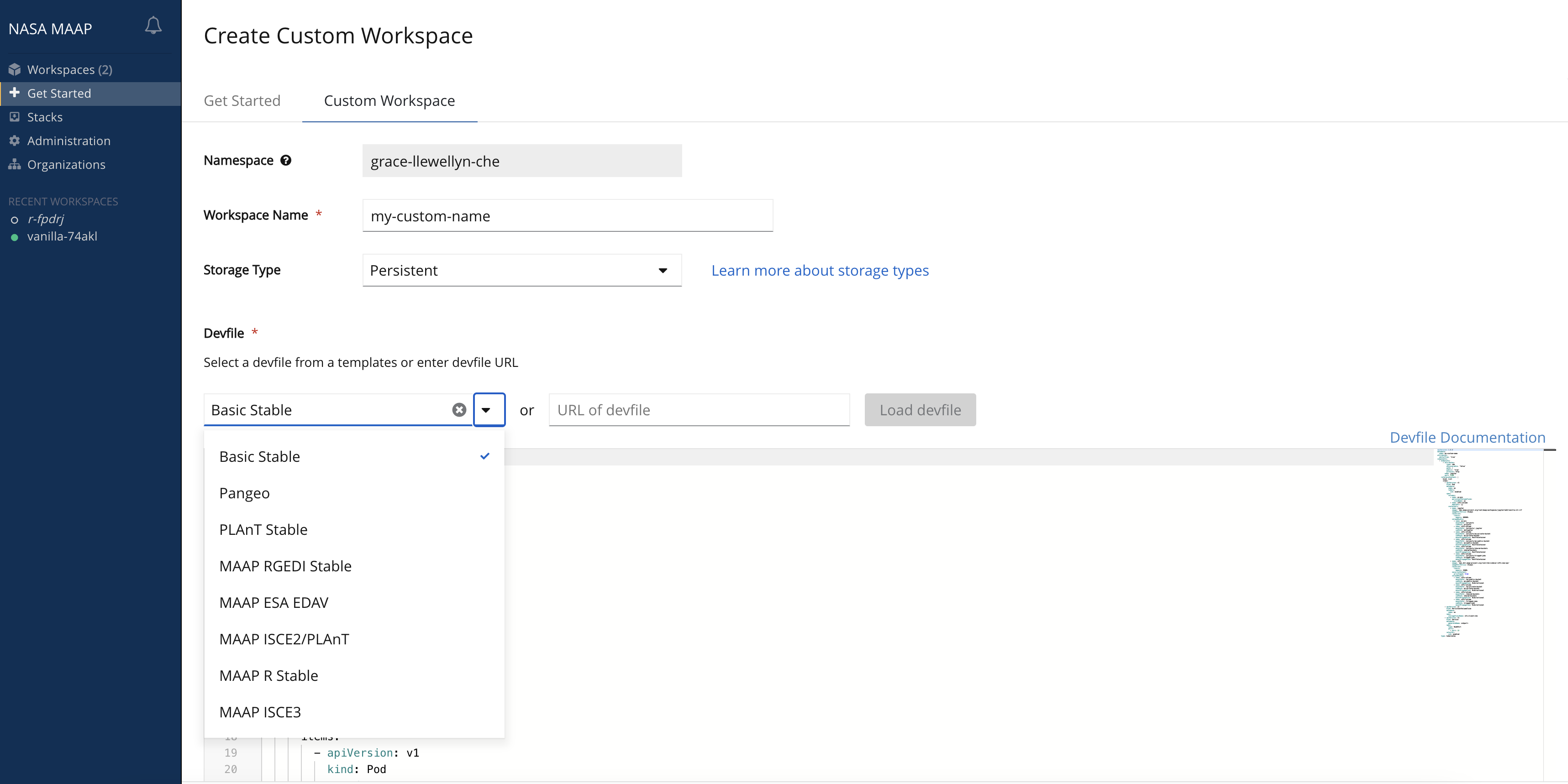 create workspace advanced