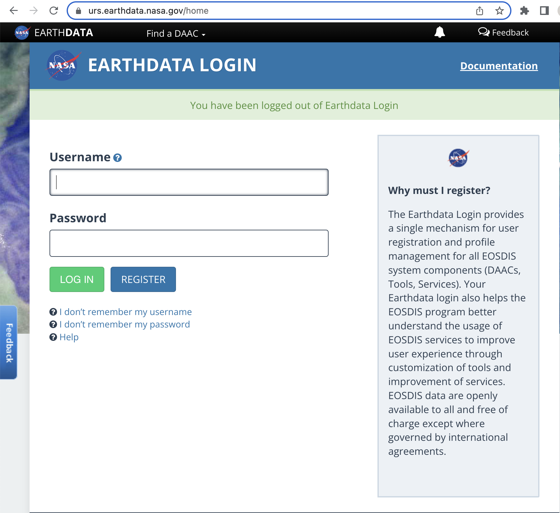 Login with EarthData